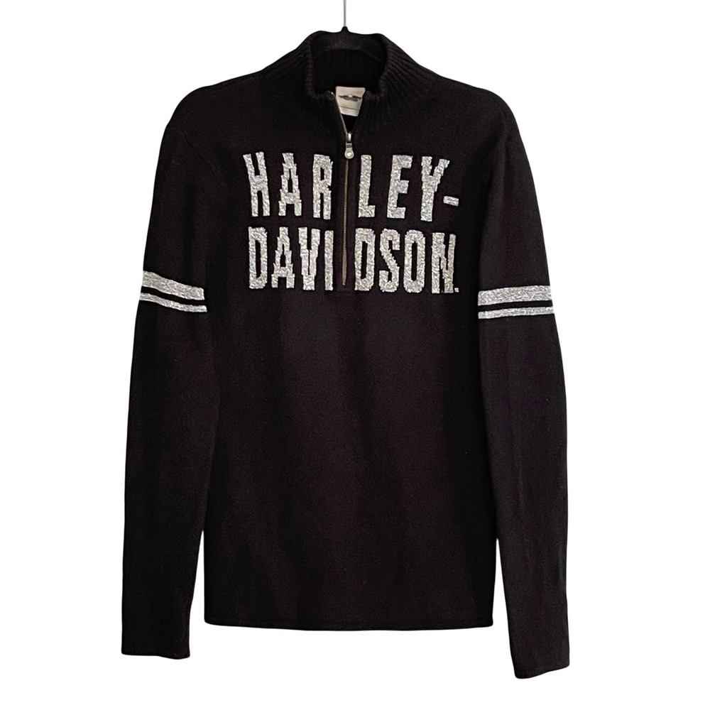 Harley-Davidson Womens Black Silver Metallic Logo Quarter Zip Wool Blend Sweater